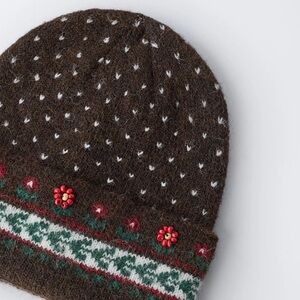 Zara Brown Knit Kids Beanie with Red Flower Embellishments